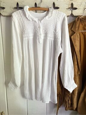 White Women's Long-Sleeve Peasant Blouse Gauze Cotton S/M